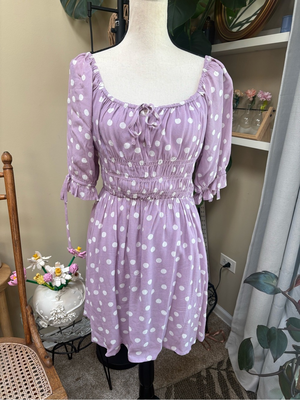 Charlie Holiday Lavender Polka Dot Tie-Front Mini Dress - Picture 3 of 10